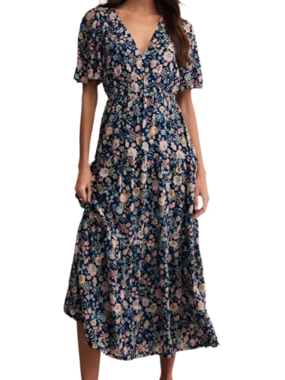 NWT -Z Supply Kat Midi Dress -Navy Floral V-Neck Tiered flutter sleeve Small